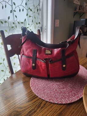 Dooney & Bourke Red Crocodile-Embossed Leather Hobo with Brown Trim